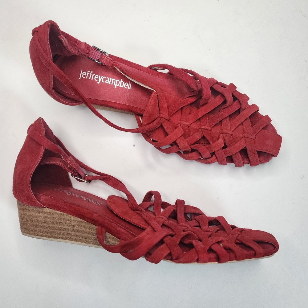 Jeffrey Campbell Red Suede Strappy Low Wedge Sandals Womens Shoe Size 7